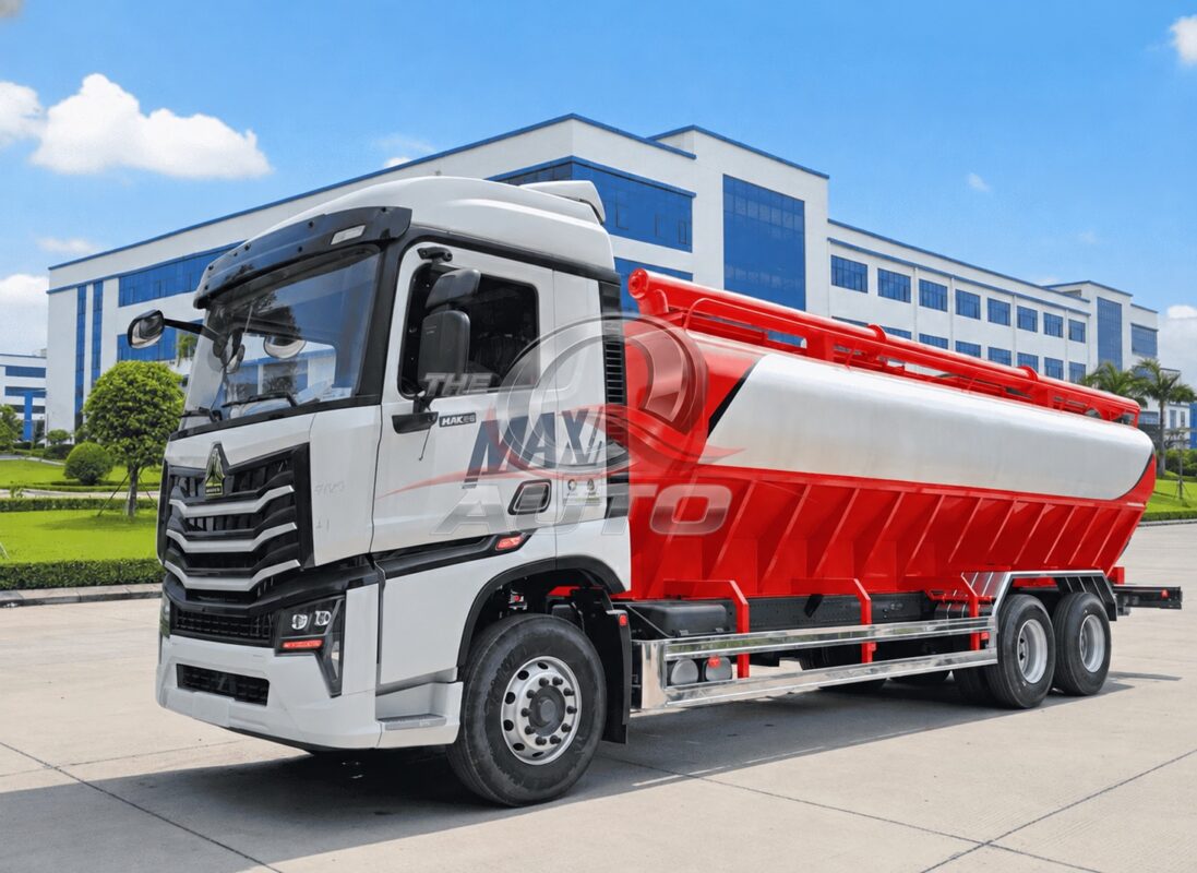 Xe bồn chở cám rời màu đỏ trắng với hệ thống vít tải – THE Q AUTO